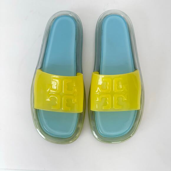 Tory Burch Bubble Jelly Slides Sandals Light Blue / Firefly Yellow Women's US10B - Picture 5 of 14